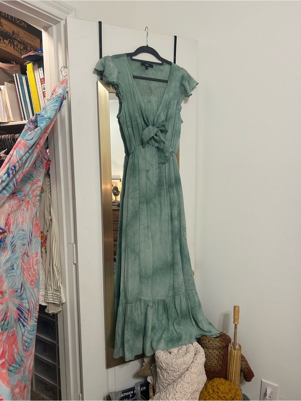 Lulus - Sage Green Tie-Dye Tie-Front Ruffle Maxi Dress